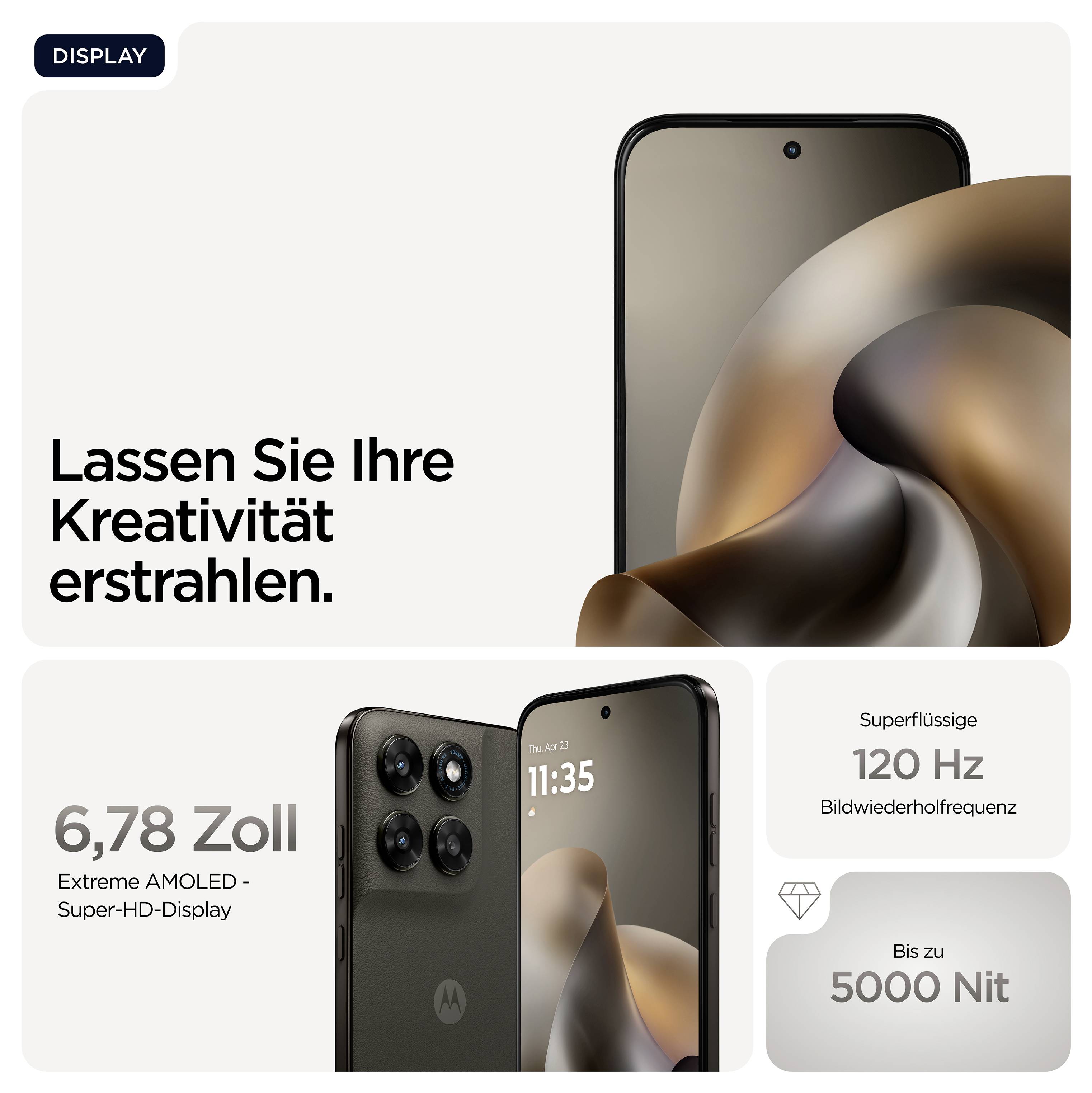 Smartphone-Werbung mit dem Text 'Lassen Sie Ihre Kreativität erstrahlen'. Highlightet Super AMOLED-Display, 120 Hz Bildwiederholfrequenz.