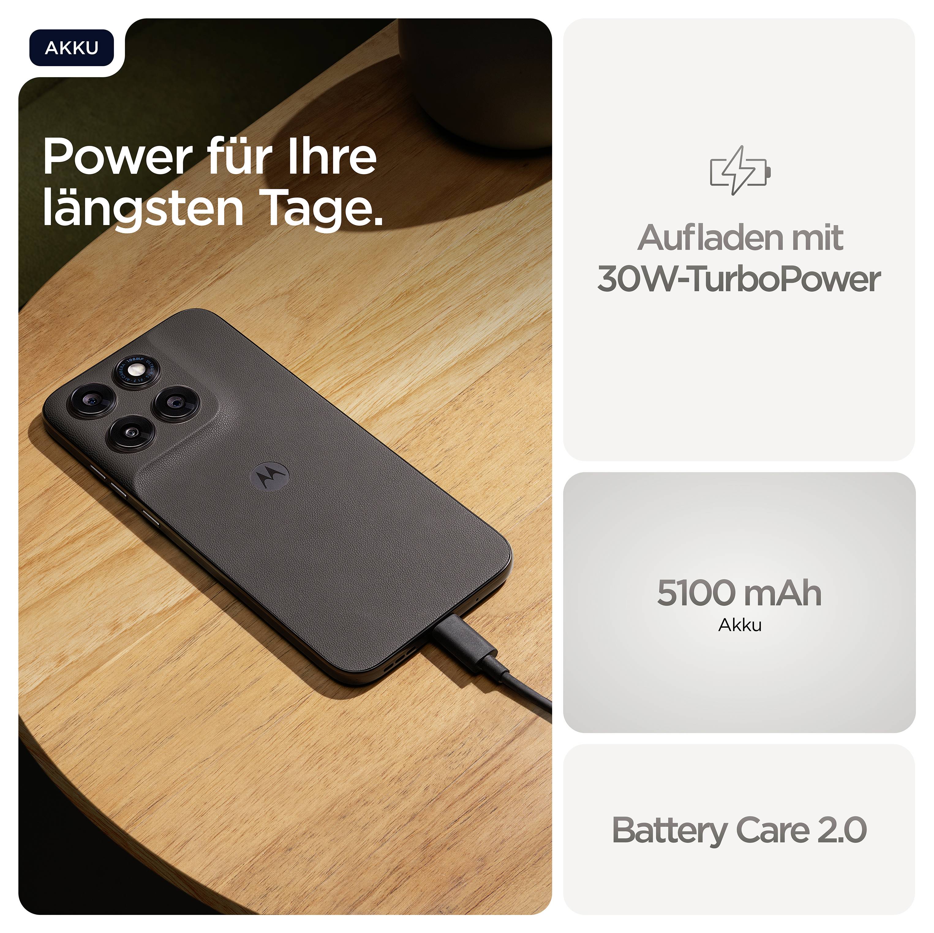Ein schwarzes Smartphone lädt mit einem Kabel. Text: 'Power für Ihre längsten Tage', 'Aufladen mit 30W-TurboPower', '5100 mAh Akku', 'Battery Care 2.0'.