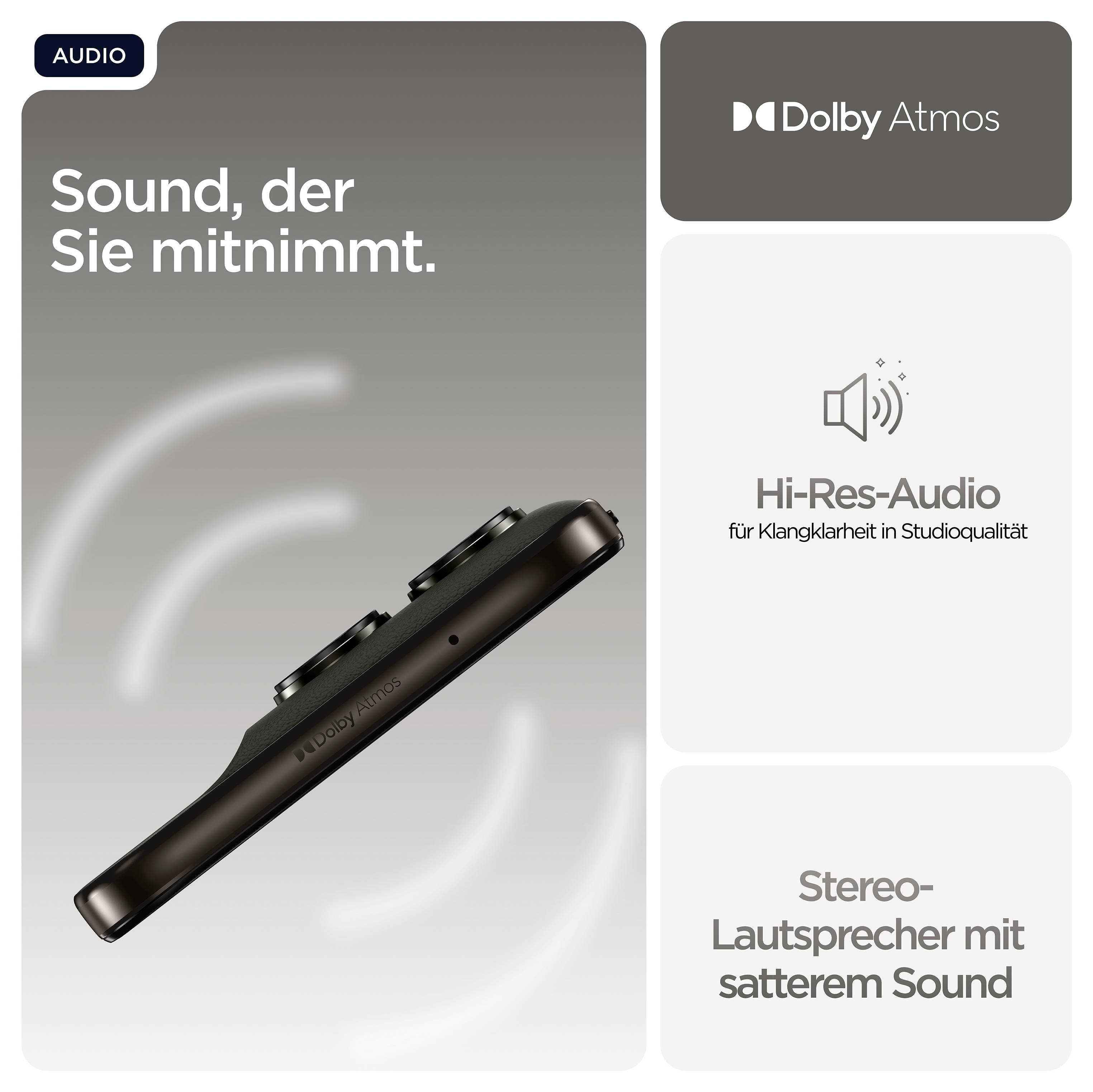 'Smartphone mit Hi-Res-Audio Unterstützung und Dolby Atmos, bietet Stereo-Lautsprecher für satten Sound. Text: Sound, der Sie mitnimmt.'