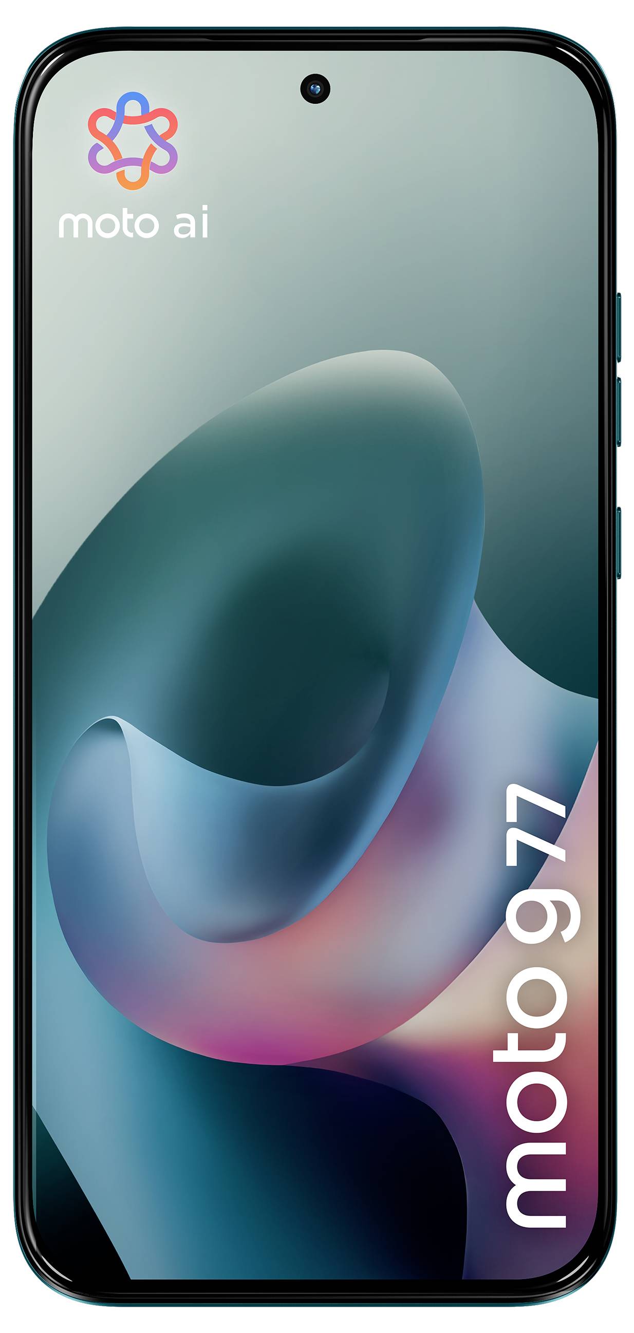 Smartphone zeigt ein farbenfrohes abstraktes Hintergrundbild mit den Wörtern "moto ai" und "moto g77" auf dem Bildschirm an.