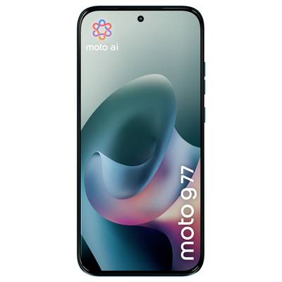 Smartphone zeigt ein farbenfrohes abstraktes Hintergrundbild mit den Wörtern "moto ai" und "moto g77" auf dem Bildschirm an.