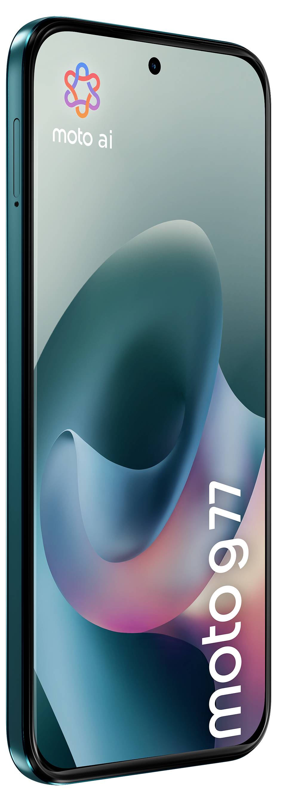 'Schlankes Smartphone mit gebogenen Kanten, Farbe Türkis. Der Bildschirm zeigt den Text "moto ai" und "moto g77" über einem abstrakten Design.'