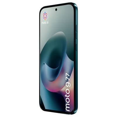 Vorderansicht des Moto G77 Smartphones mit schlankem Design, petrolblauem Rahmen und lebhaftem abstraktem Display. Moto-AI-Logo oben links.