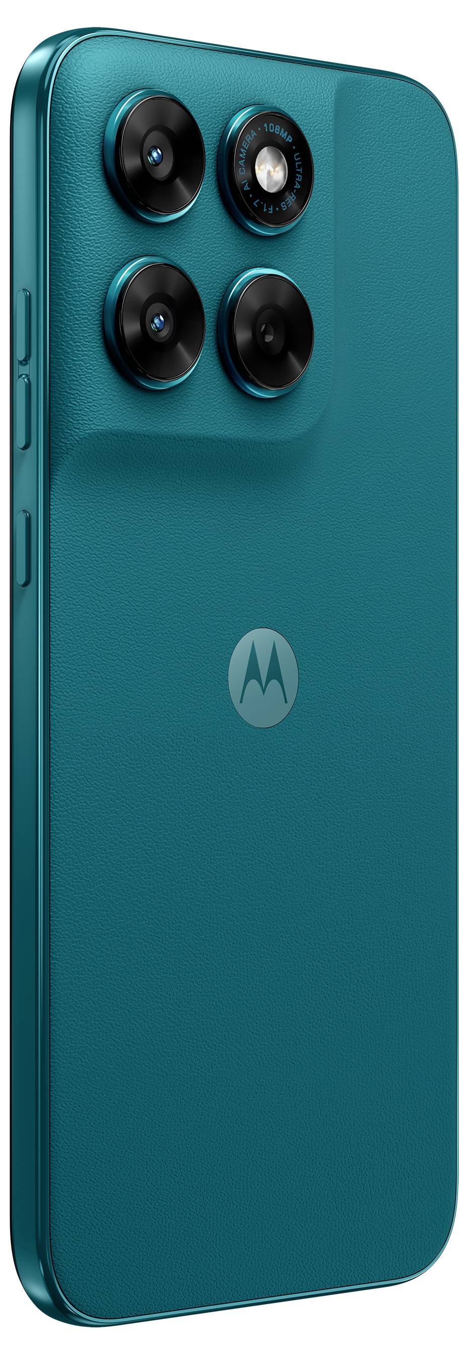 Ein von hinten gezeigtes türkisfarbenes Smartphone mit vier rückseitigen Kameras und einem Markenlogo in der Mitte.