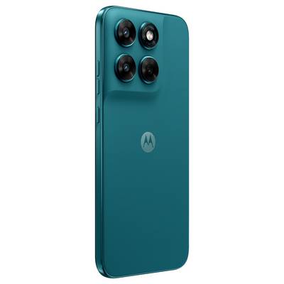Ein von hinten gezeigtes türkisfarbenes Smartphone mit vier rückseitigen Kameras und einem Markenlogo in der Mitte.