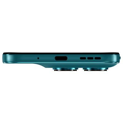 Seitenansicht eines blaugrünen Smartphones mit zwei hinteren Kameraobjektiven und Ladeanschluss.