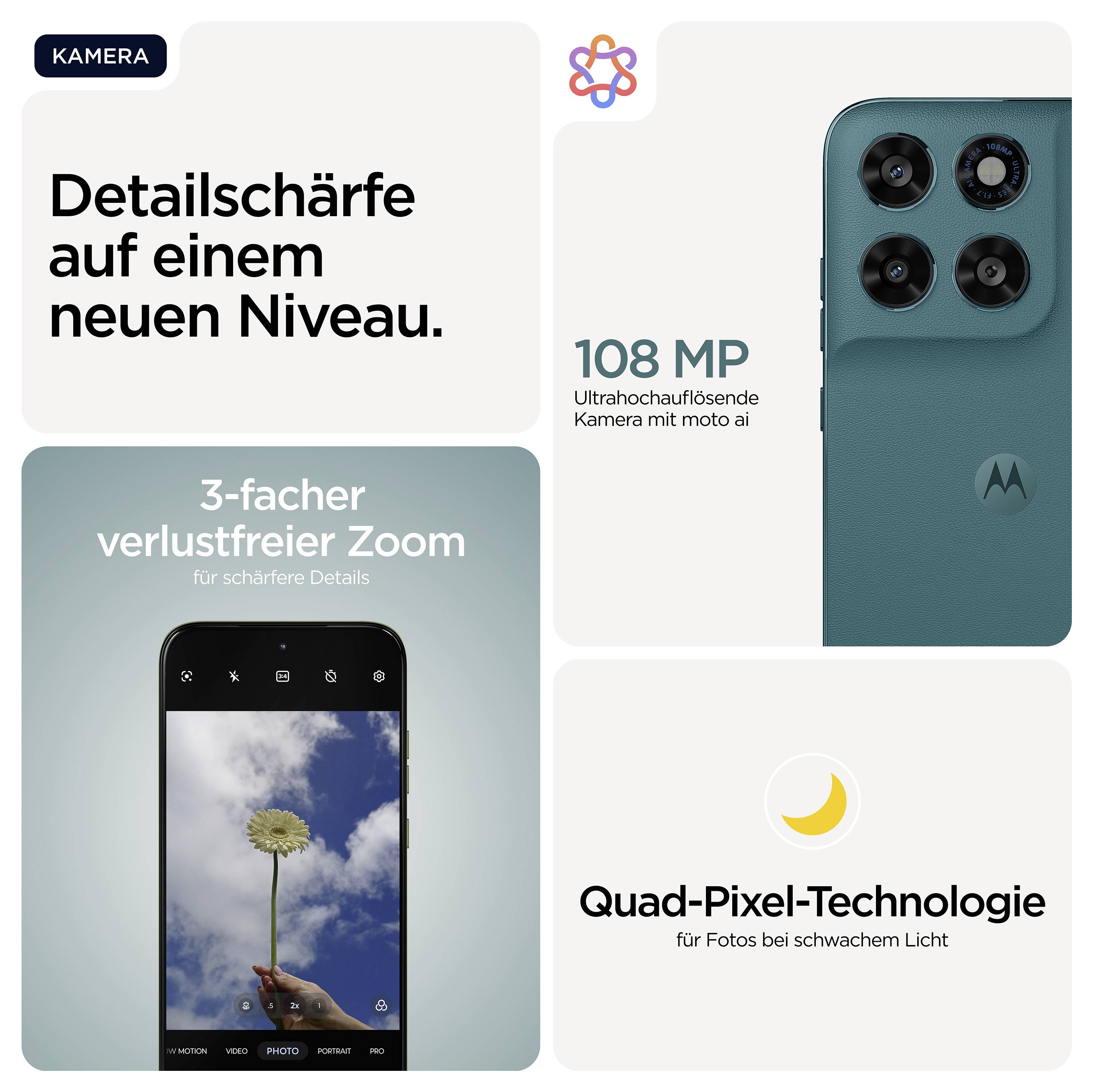 'Smartphone mit hochauflösender 108 MP Kamera, 3-facher verlustfreier Zoom und Quad-Pixel-Technologie für bessere Fotos bei schwachem Licht.'