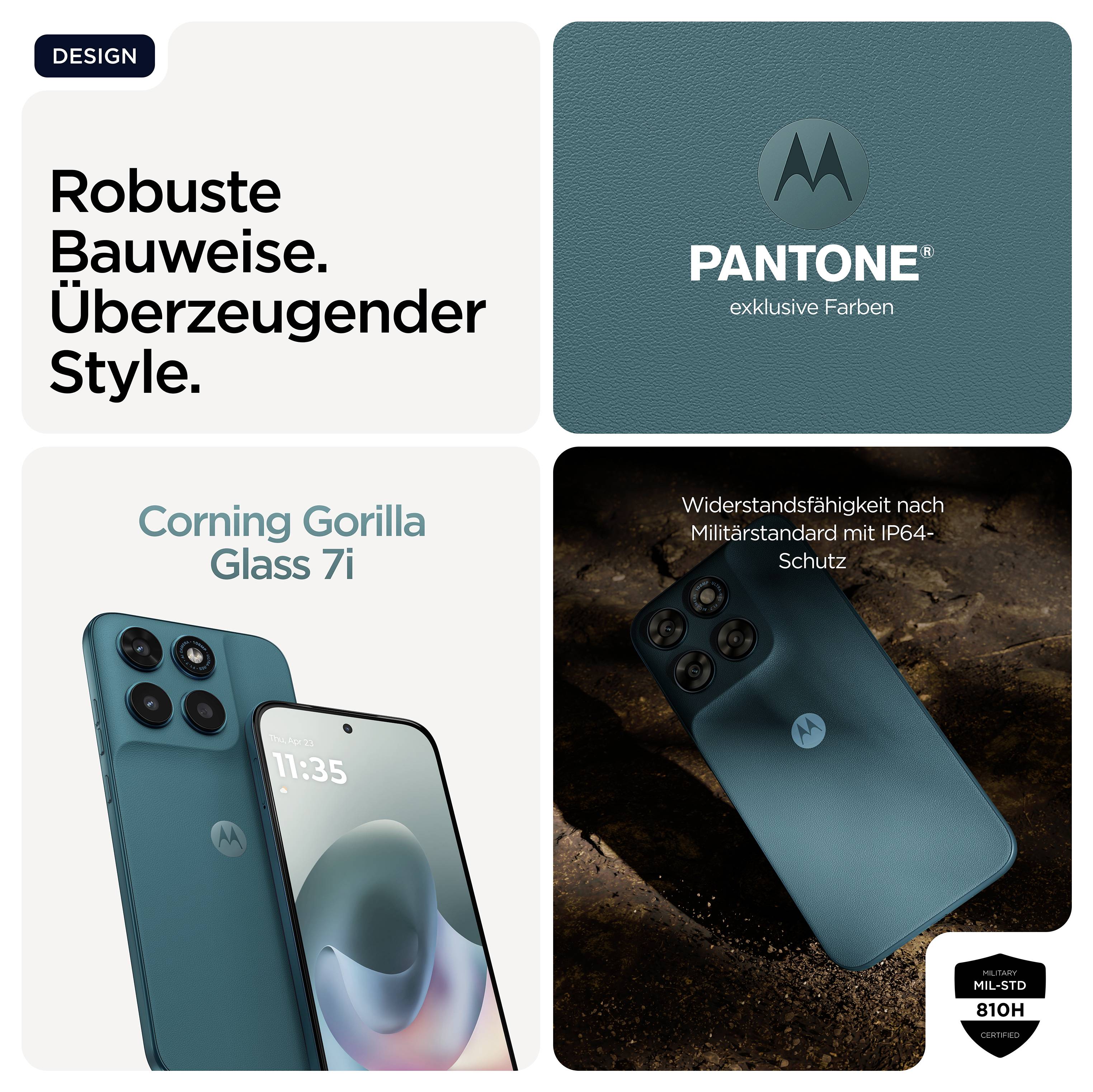 'Smartphone mit robustem Design, Pantone-Farbe, Corning Gorilla Glass 7i, IP64-Schutz, militärischer Standard MIL-STD-810H.'