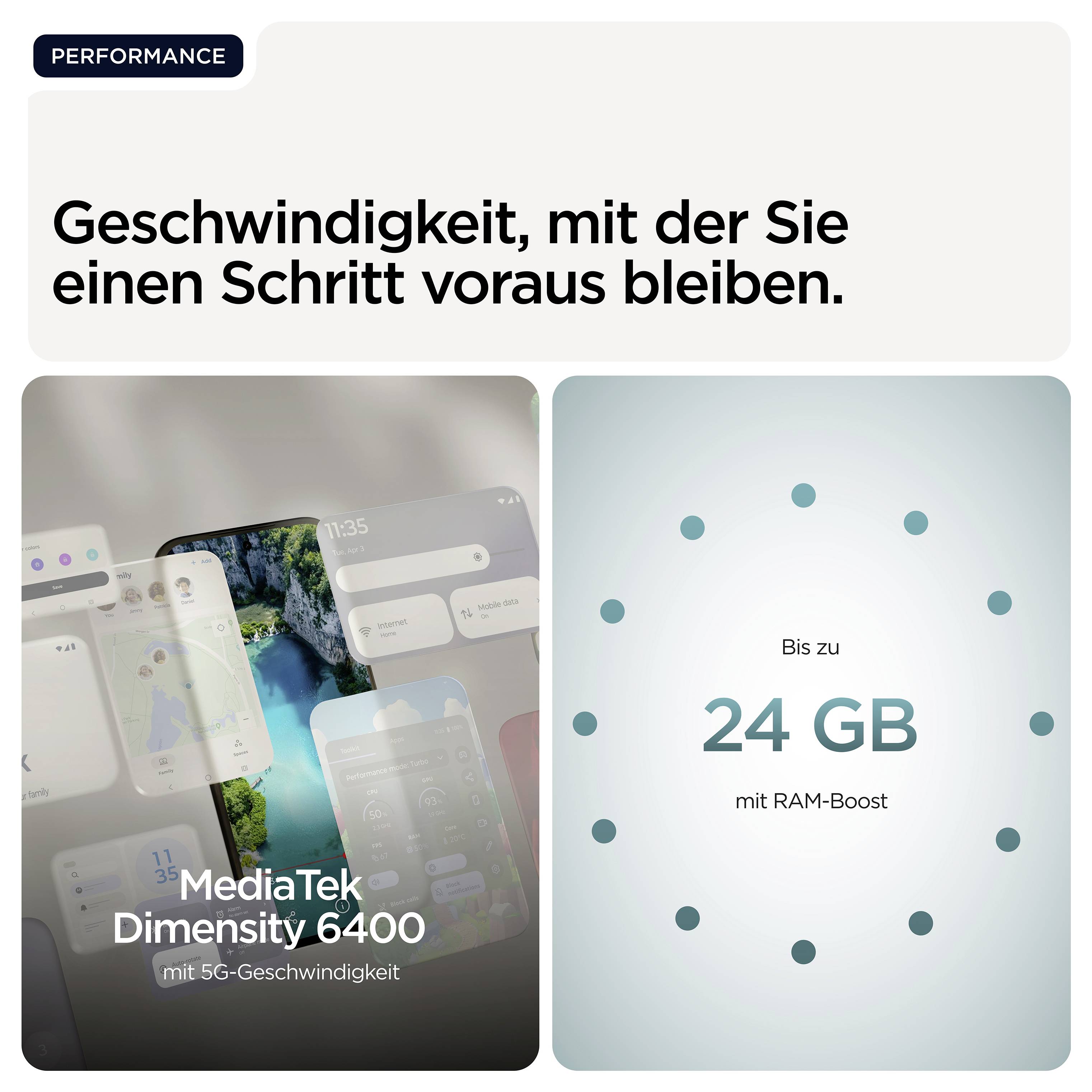 'Geschwindigkeit, mit der Sie einen Schritt voraus bleiben. MediaTek Dimensity 6400 mit 5G-Geschwindigkeit. Bis zu 24 GB mit RAM-Boost.'