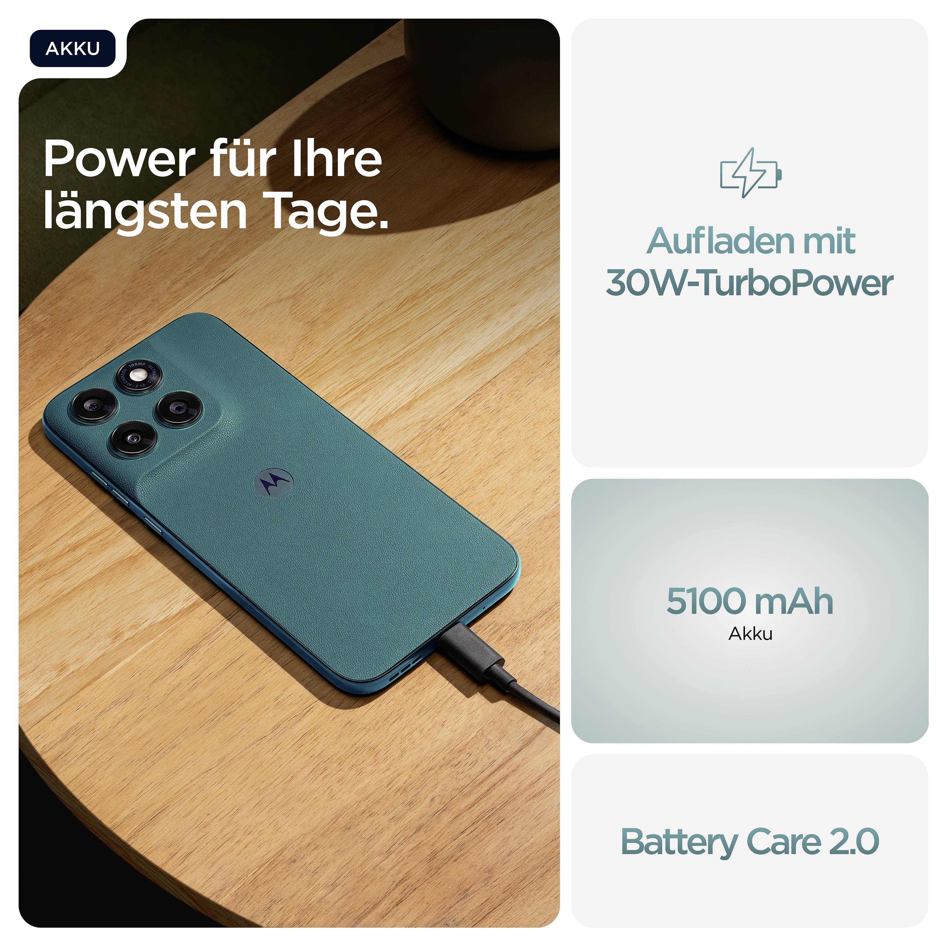 Smartphone auf einem Tisch mit 'Power für Ihre längsten Tage' und 'Aufladen mit 30W-TurboPower', 5100 mAh Akku, Battery Care 2.0.