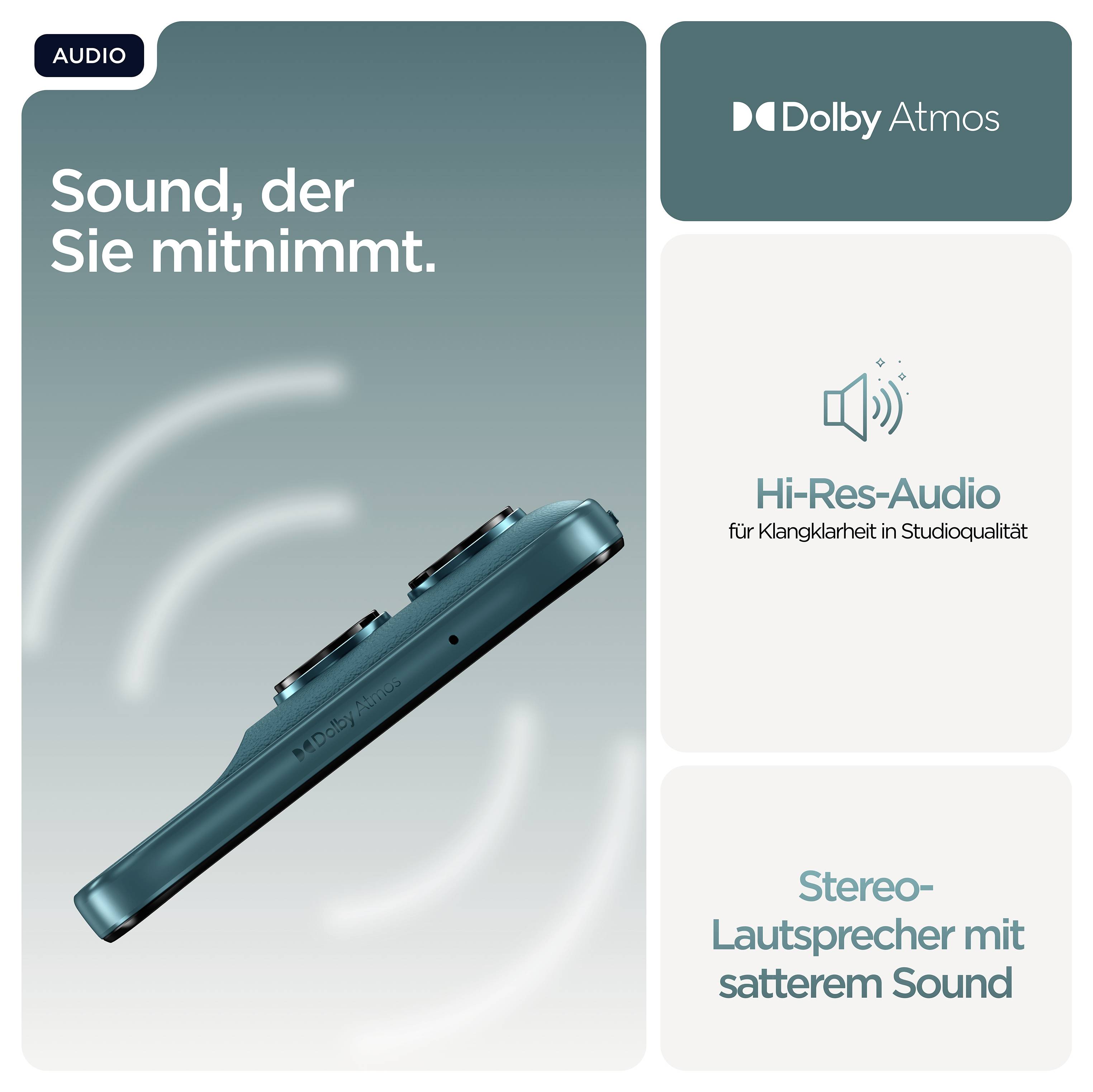 'Werbung für Hi-Res-Audio: Dolby Atmos, hellblaues Smartphone mit Stereo-Lautsprecher, Text: Sound, der Sie mitnimmt.'