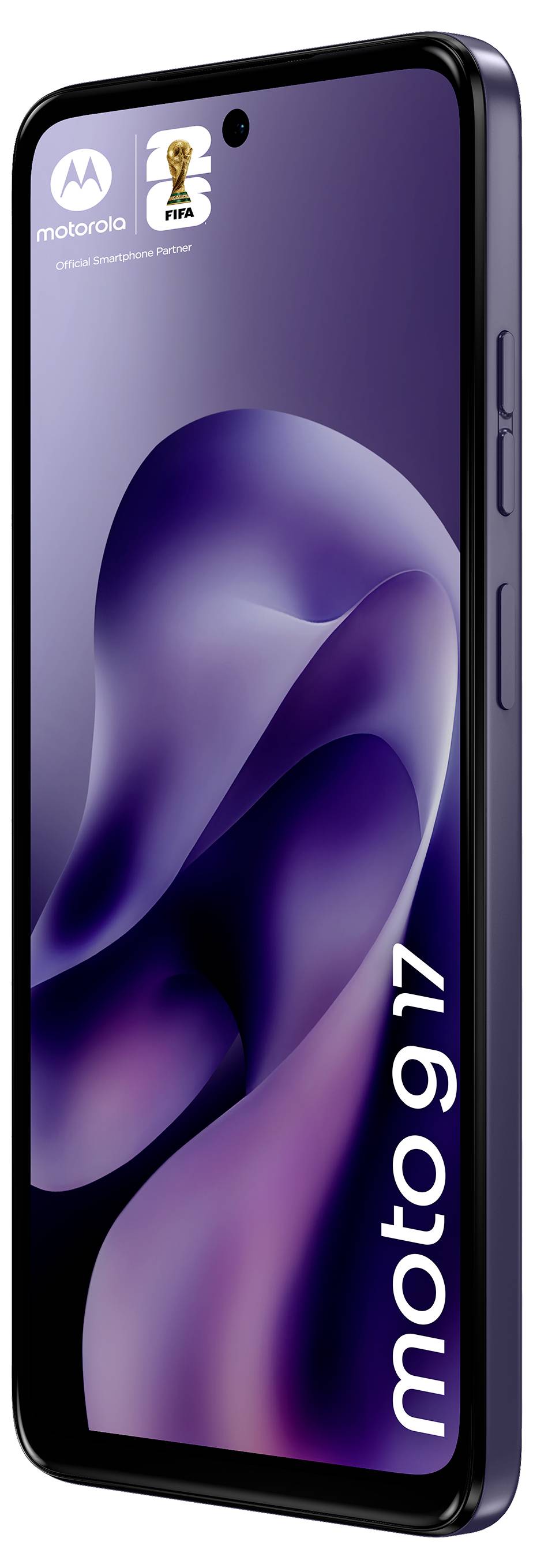 Ein schlankes Motorola Moto G17 Smartphone mit einem dunklen, abstrakten Hintergrundbild auf dem Bildschirm und Kameraausschnitt in der Mitte oben.