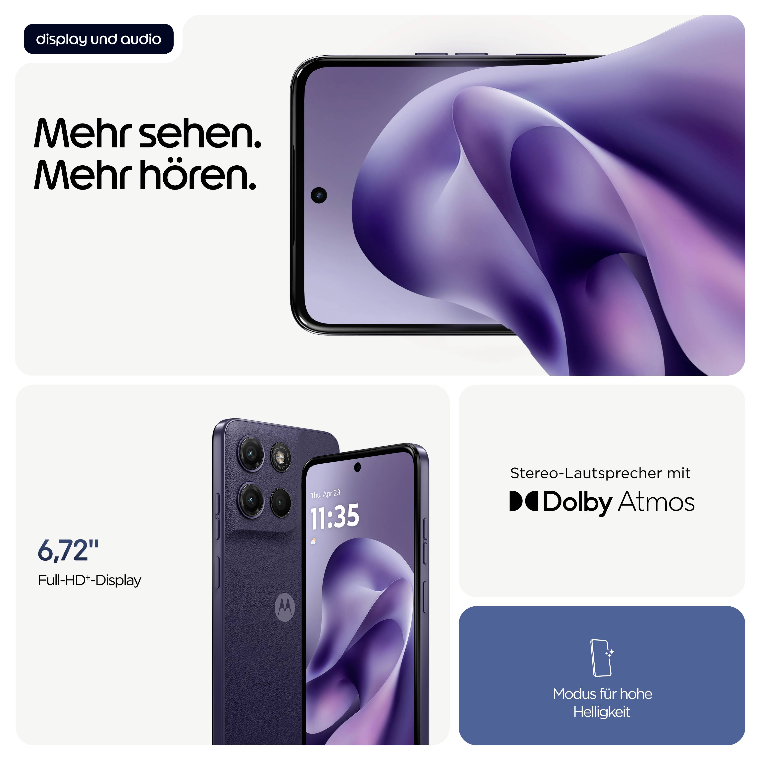 Das Bild zeigt ein Smartphone mit einem lila Hintergrund und drei Kameras. Text: 'Mehr sehen. Mehr hören.' '6,72" Full-HD+-Display' 'Stereo-Lautsprecher mit Dolby Atmos'.