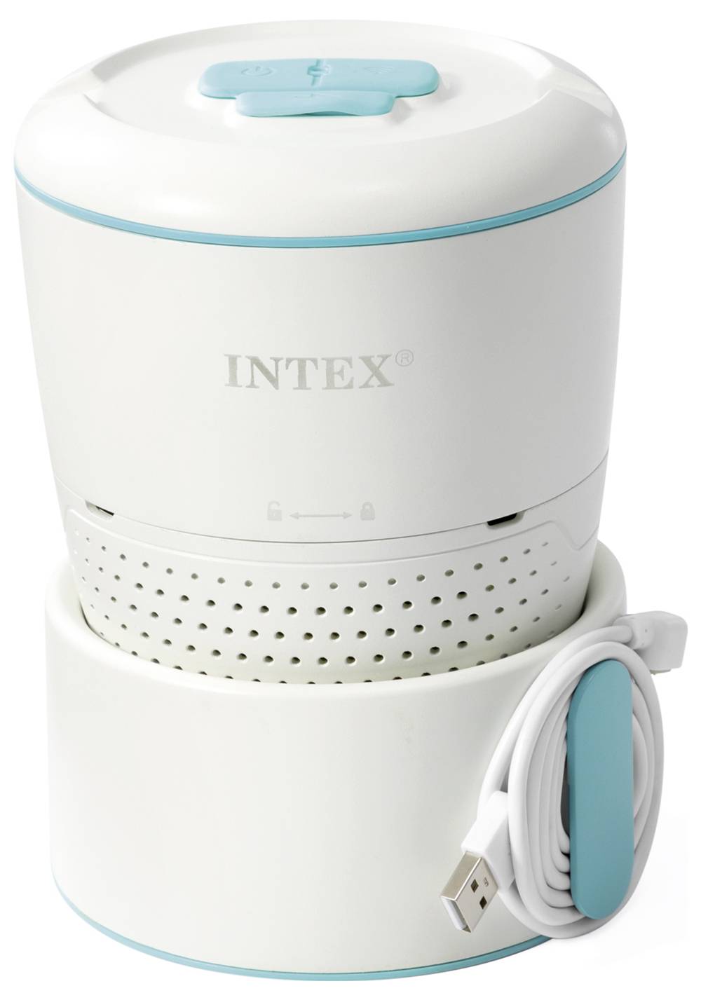 Ein tragbarer USB-Luftreiniger von „INTEX" in Weiß und Blaugrün, mit zylindrischem Design und Belüftungslöchern, gezeigt mit einem Ladekabel.