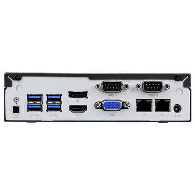 Das Bild zeigt die Rückseite eines Computers mit verschiedenen Anschlüssen: vier USB-Anschlüsse, DP, HDMI, VGA, zwei serielle Anschlüsse und zwei Netzwerkports.