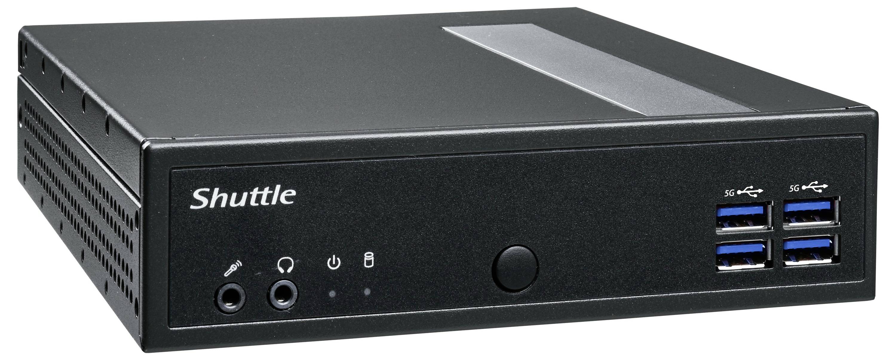 Ein kompaktes schwarzes Shuttle-Computergehäuse mit USB-Anschlüssen an der Vorderseite, Audiobuchsen und einem Ein-/Ausschalter, das für effizientes Rechnen entwickelt wurde.