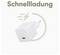 Ein weißes USB-C-Wandladegerät mit dem Text Schnellladung und einem Blitzsymbol, das die Schnellladefähigkeit anzeigt.