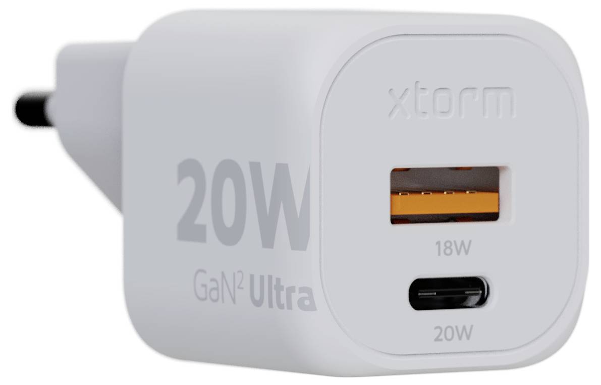 Ein weißes 20-W-Wandladegerät mit zwei Anschlüssen: einen 18-W-USB-A und einen 20-W-USB-C. Die Marke „xtorm" ist auf der Vorderseite geprägt.