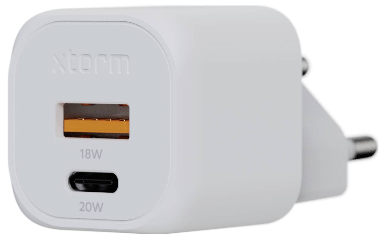 Ein weißes Dual-Port-Ladegerät mit einem Standard-USB-Anschluss und einem USB-C-Anschluss, gekennzeichnet mit Leistungskapazitäten von 18W bzw. 20W.