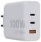 Ein weißer GaN-Ladegerät mit zwei 100W USB-C-Anschlüssen und einem 30W USB-A-Anschluss, entwickelt zum schnellen Laden mehrerer Geräte gleichzeitig.