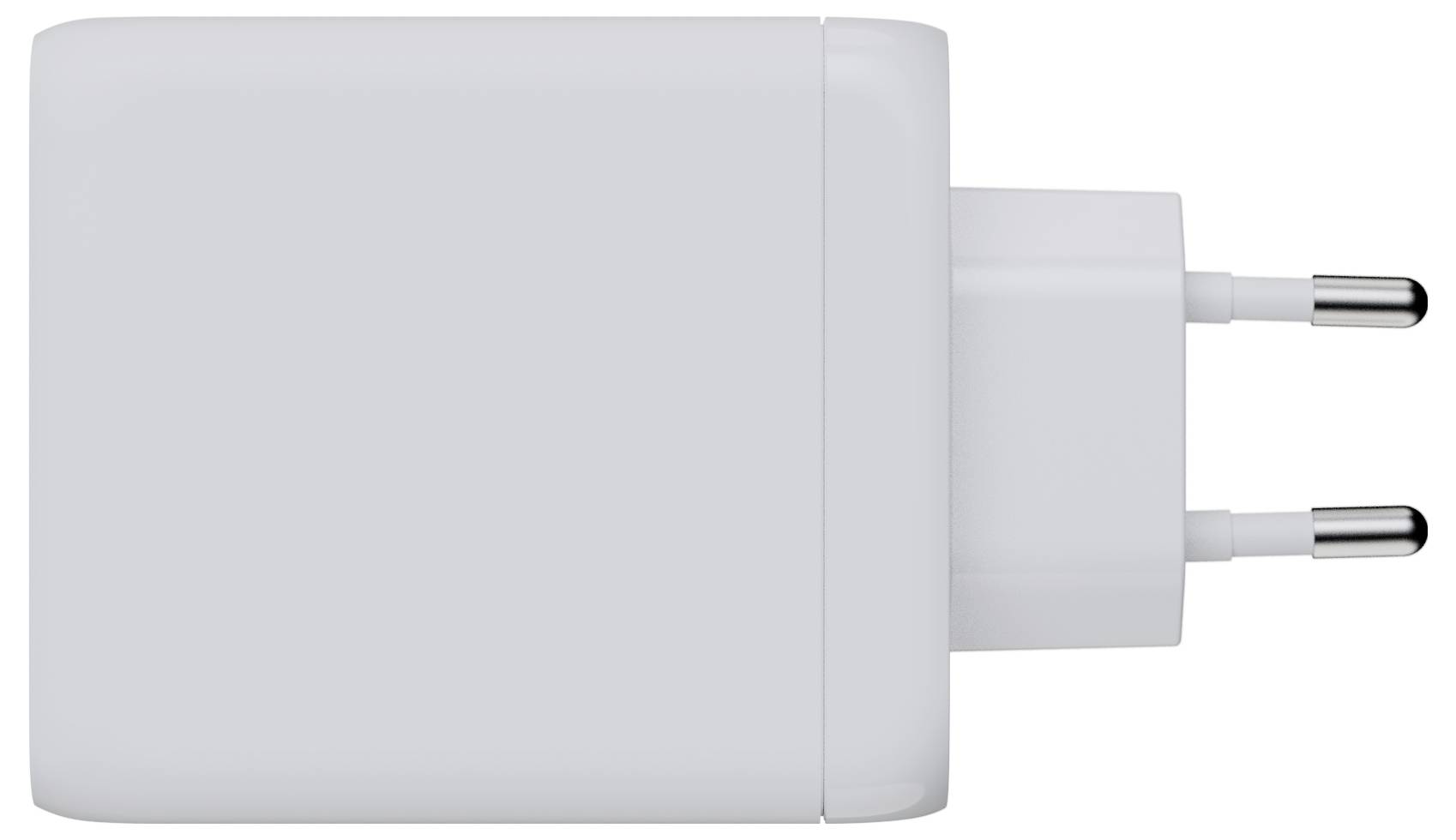 Ein weißes Wandladegerät mit einem europäischen Stecker, der zwei runde Stifte zeigt.
