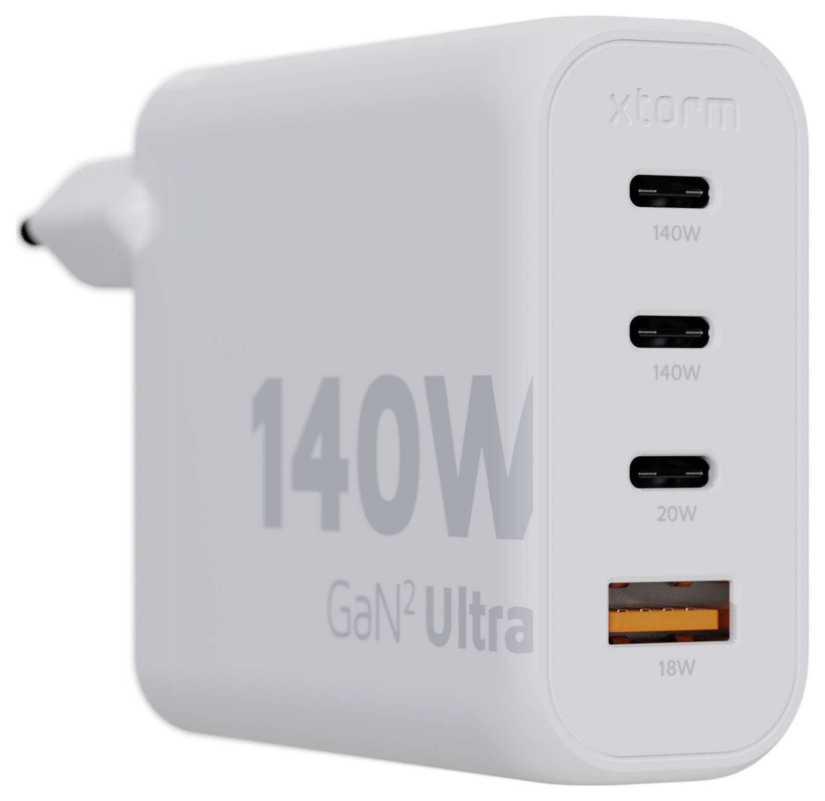Ein weißes 140W GaN² Ultra-Ladegerät mit drei USB-C-Anschlüssen mit der Beschriftung 140W, 140W und 20W sowie einem USB-A-Anschluss mit der Beschriftung 18W.