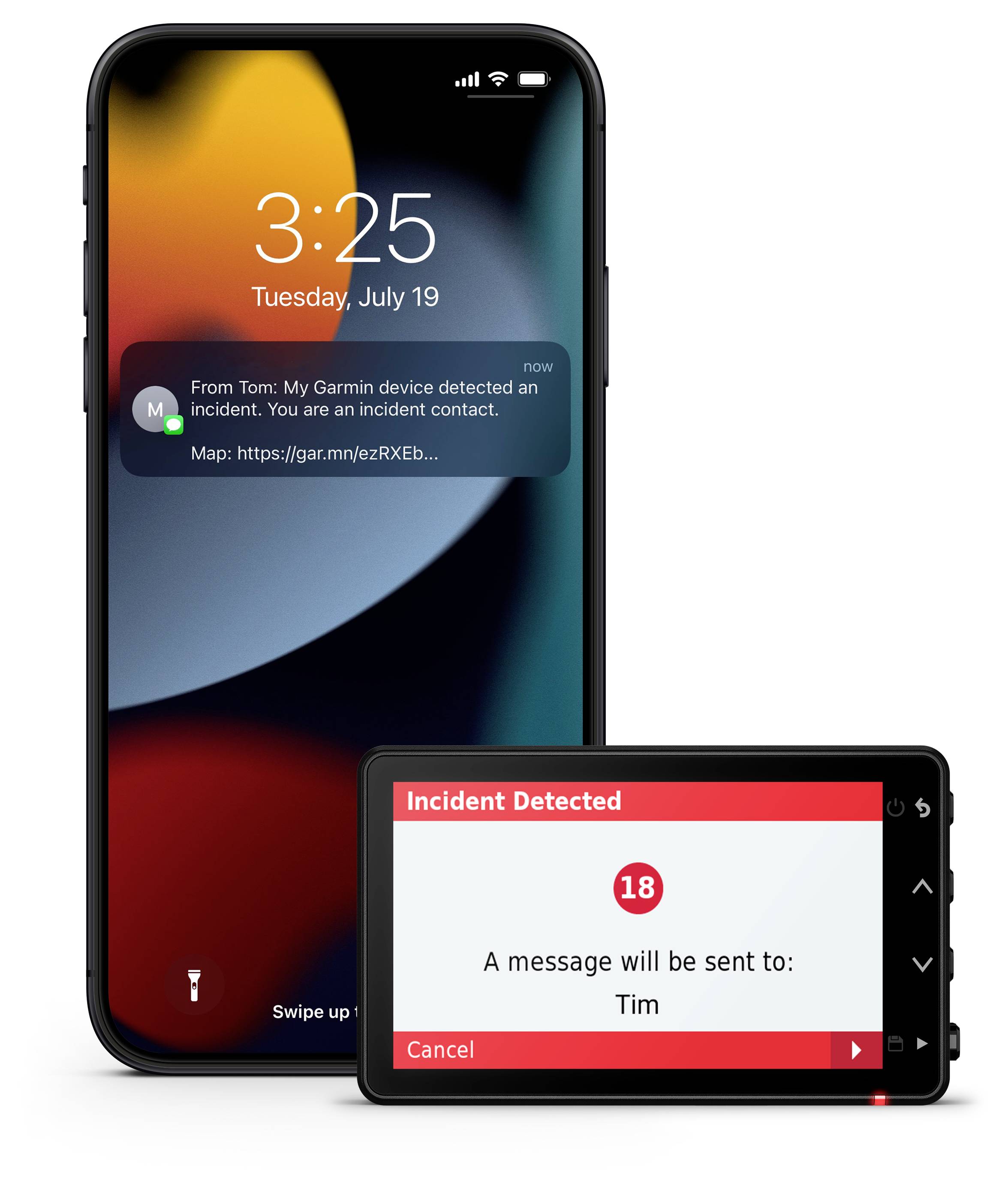 Ein Smartphone zeigt eine Benachrichtigung an: „Von Tom: Mein Garmin-Gerät hat einen Vorfall erkannt. Du bist ein Notfallkontakt", mit Kartenverlinkung.