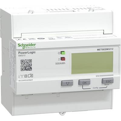 Elektronischer Energiezähler mit Display, das „500/kWh" anzeigt, Pfeil zeigt nach oben. Mit der Bezeichnung „PowerLogic" von Schneider Electric.