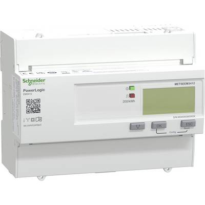 Ein digitales Stromzähler von Schneider Electric, das den Energieverbrauch in Kilowattstunden anzeigt. Enthält Tasten zur Konfiguration und einen QR-Code.