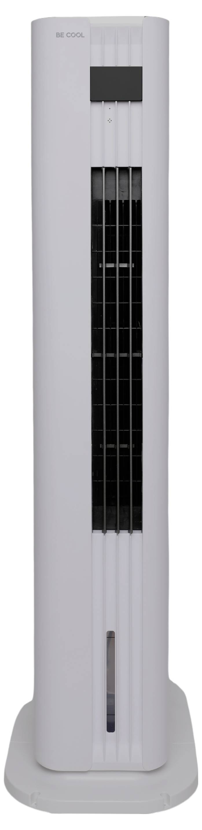 Ein großer, weißer Turmventilator mit einem schwarzen Bedienfeld und vertikalen Luftschlitzen, der auf einer rechteckigen Basis steht.