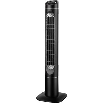Ein großer, eleganter schwarzer Turmventilator mit einem kreisförmigen Bedienfeld oben, der auf einer quadratischen Basis steht.