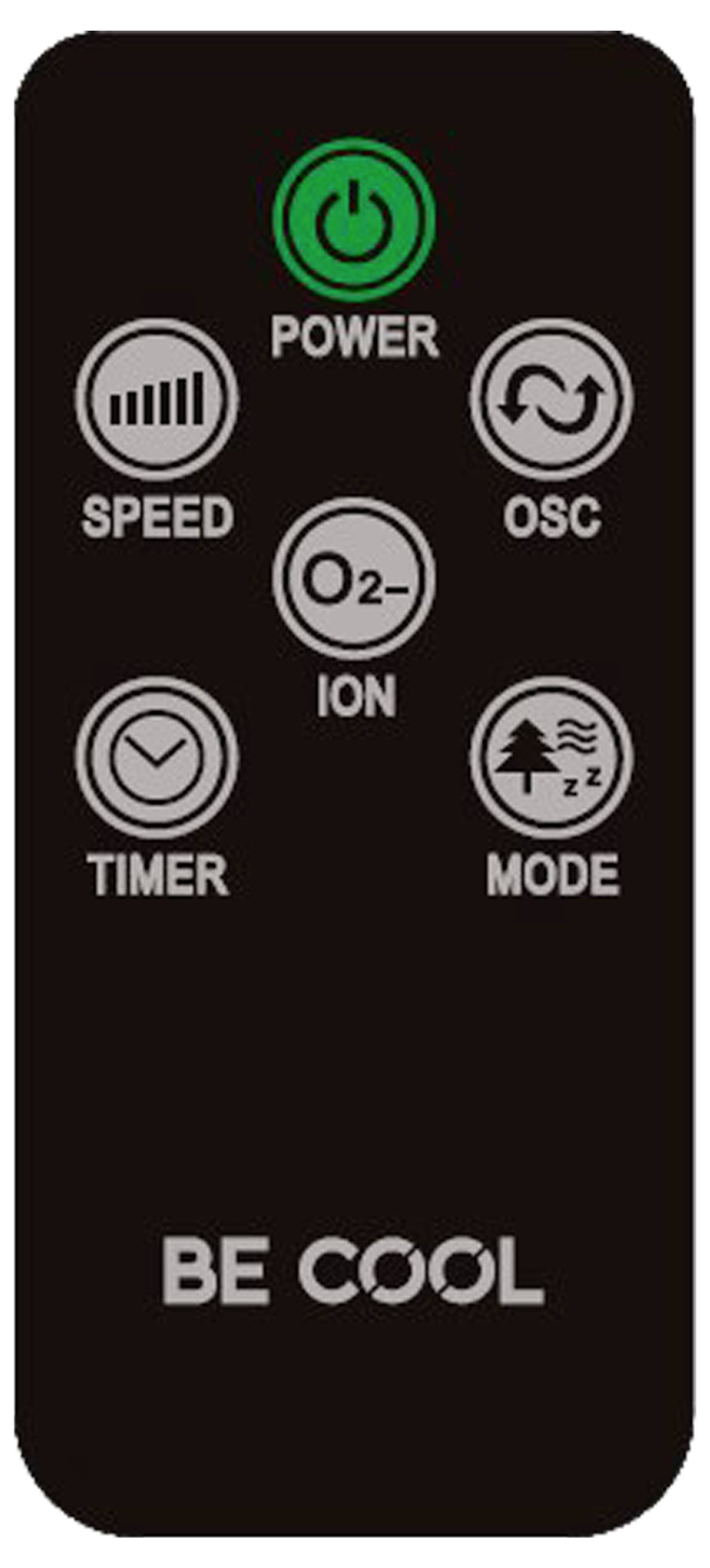 Eine rechteckige schwarze Fernbedienung mit Tasten für „Power", „Speed", „OSC", „ION", „Timer" und „Mode", gekennzeichnet mit Symbolen.