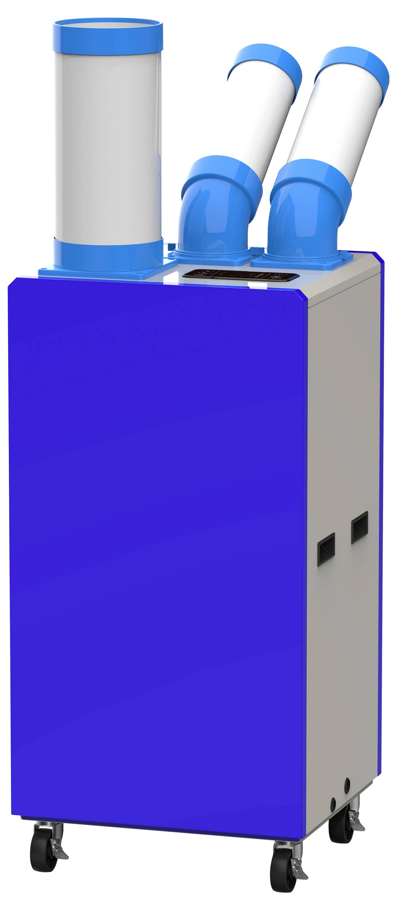 Eine tragbare industrielle Klimaanlage in Blau und Grau mit drei verstellbaren Lüftungsschläuchen oben, auf Rollen montiert für einfache Beweglichkeit.