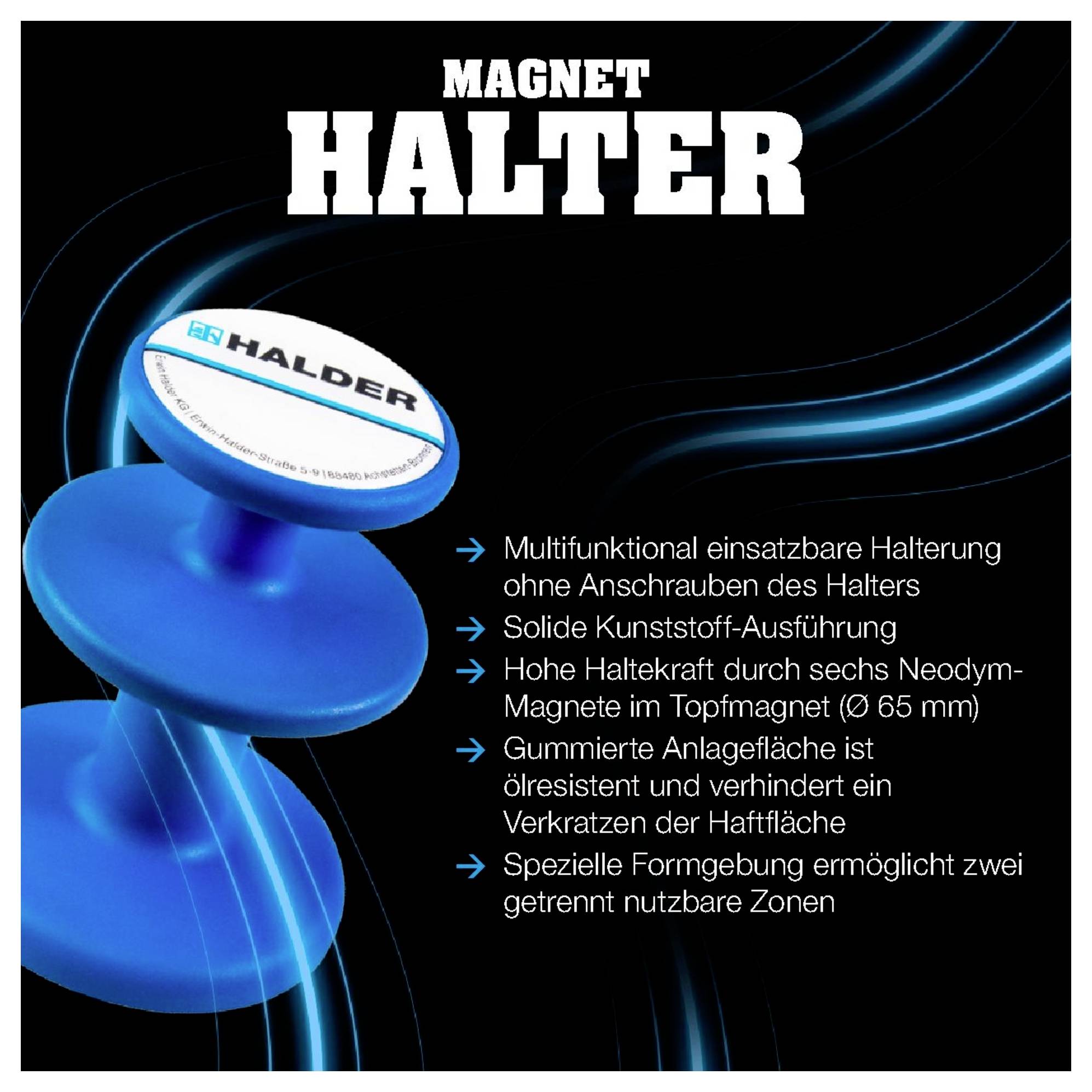'Produktbild eines Magnetstift-Halters aus blauem Kunststoff. Der Text beschreibt Funktionen: Neodym-Magnete, gummierte Oberfläche, vielseitige Einsatzmöglichkeiten.'