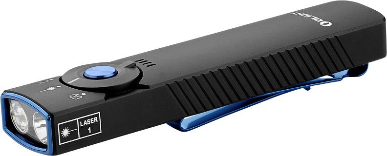 Eine tragbare Taschenlampe in Schwarz und Blau mit Laserpointer-Funktion, beschriftet mit „Laser 1" und einer Befestigungsklammer.