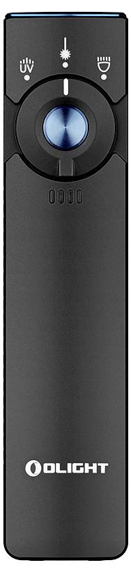 Ein schwarzes tragbares Gerät mit einem blauen Knopf und Symbolen für UV-Licht und Taschenlampe oben. Der Markenname „Olight" befindet sich unten.