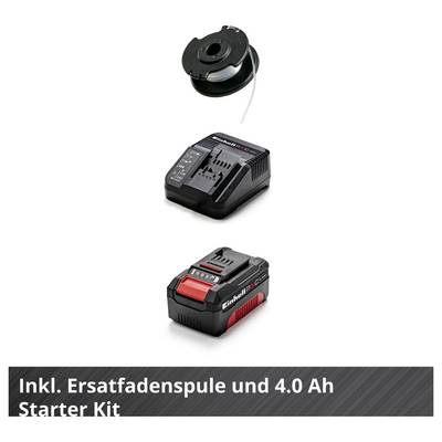 Eine Spule, ein Ladegerät und ein Akku-Kit mit Text: "Inkl. Ersatzfadenspule und 4.0 Ah Starter Kit".