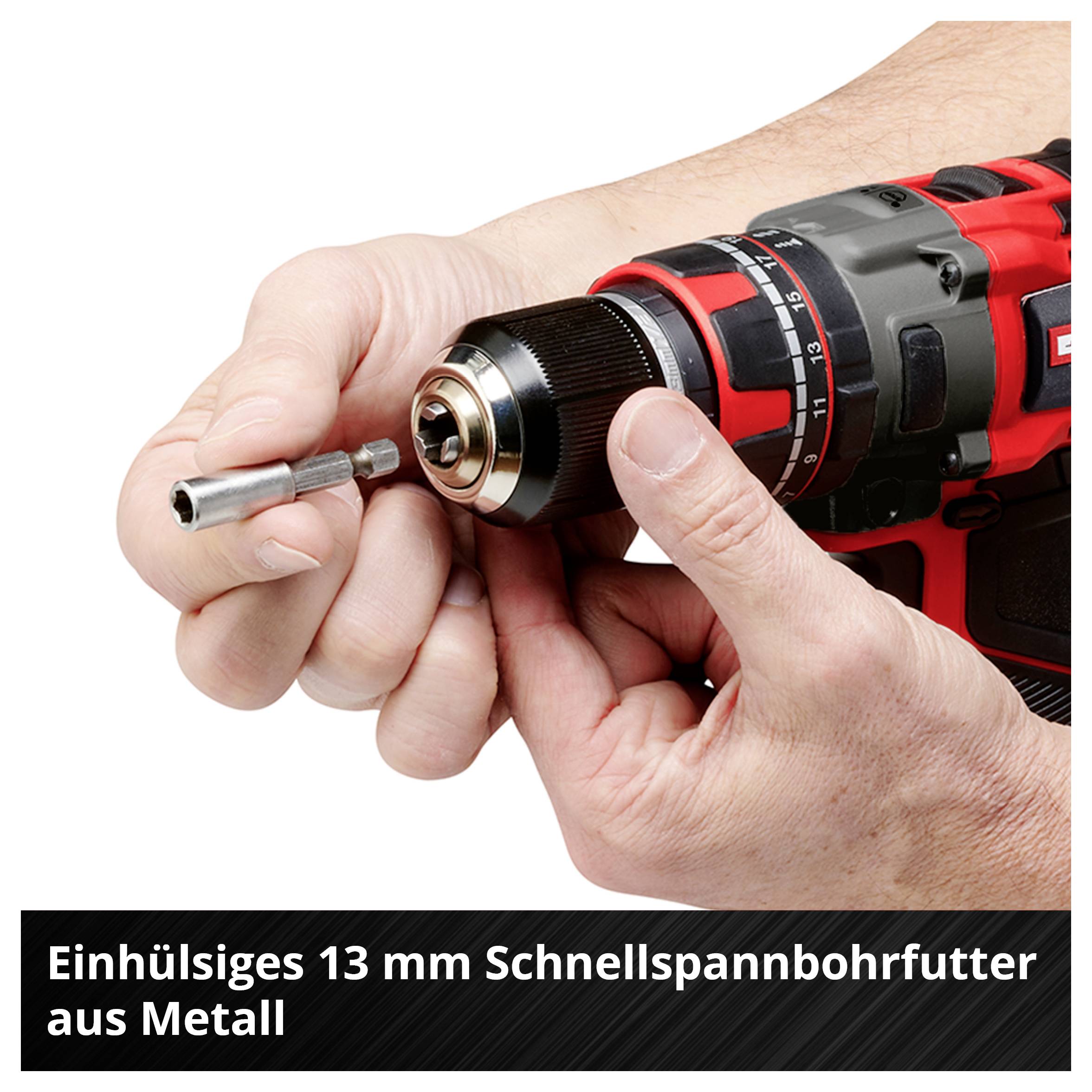 'Einhülsiges 13 mm Schnellspannbohrfutter aus Metall' zeigt eine Hand, die ein Schnellspannbohrfutter an einem roten Akkubohrschrauber hält.