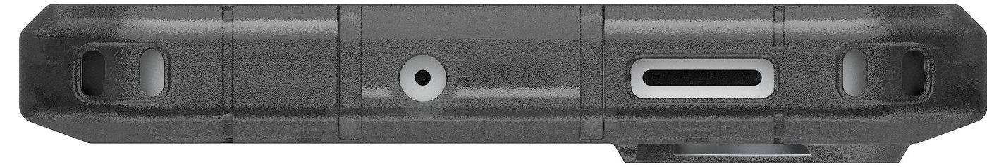 Eine Nahaufnahme der unteren Kante eines schwarzen Geräts, die einen USB-C-Anschluss, eine 3,5-mm-Kopfhörerbuchse und Lautsprechergitter auf beiden Seiten zeigt.