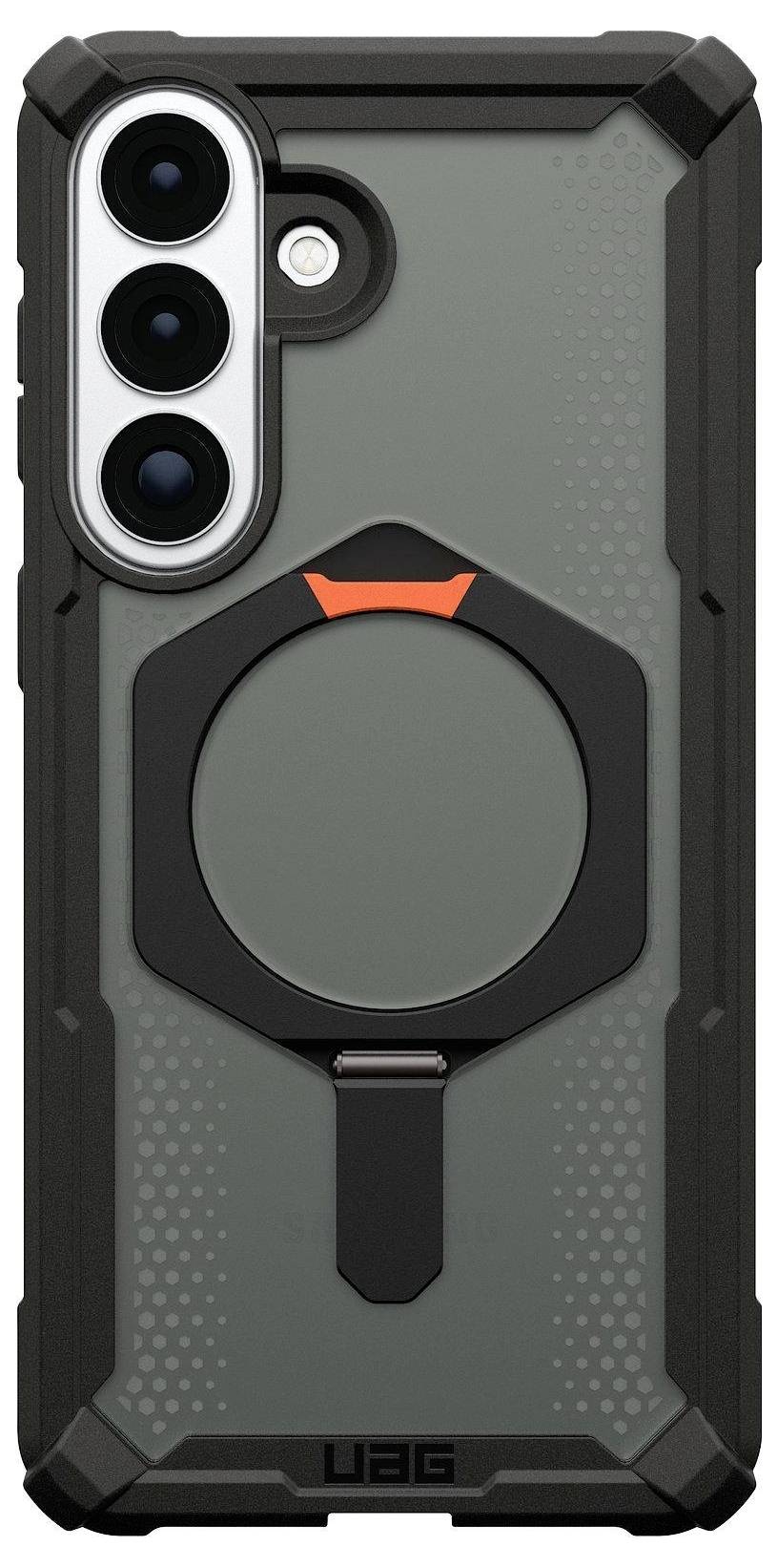 Robustes schwarzes Smartphone-Gehäuse mit prominenten Kameraaussparungen und einem kreisförmigen Ständer in der Mitte, konzipiert für Schutz und Funktionalität.