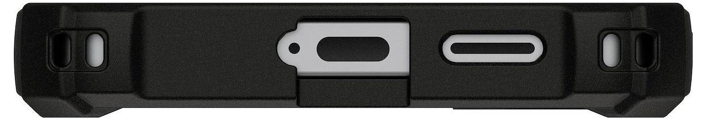 Durchsichtige blaue Handyhülle mit drei Kameraausschnitten und MagSafe-Kompatibilität, mit gepunkteter Textur und UAG-Logo.