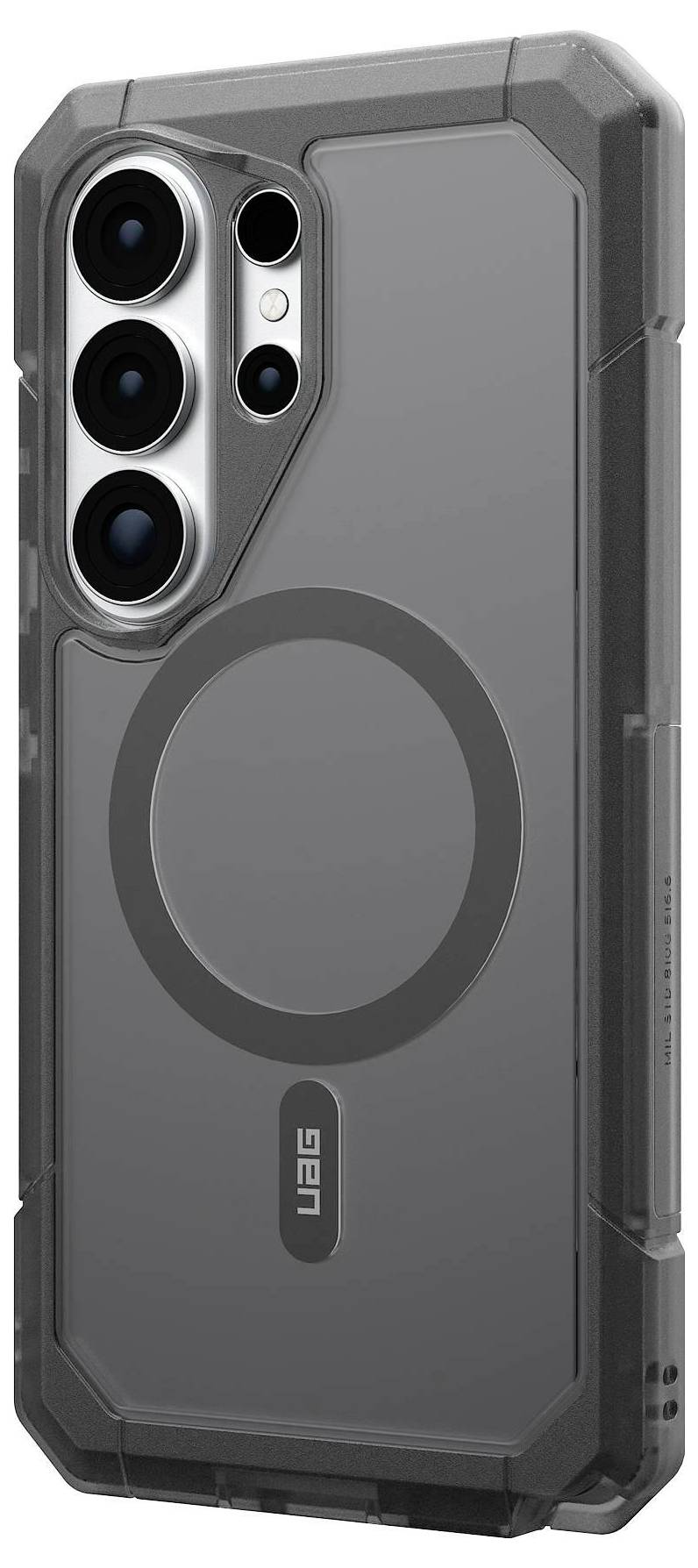 Ein robustes, transparentes Smartphone-Schutzhülle mit schwarzem Stoßschutz und Kameraaussparung, mit kreisförmigem MagSafe-kompatiblem Design und metallischem Rahmen.
