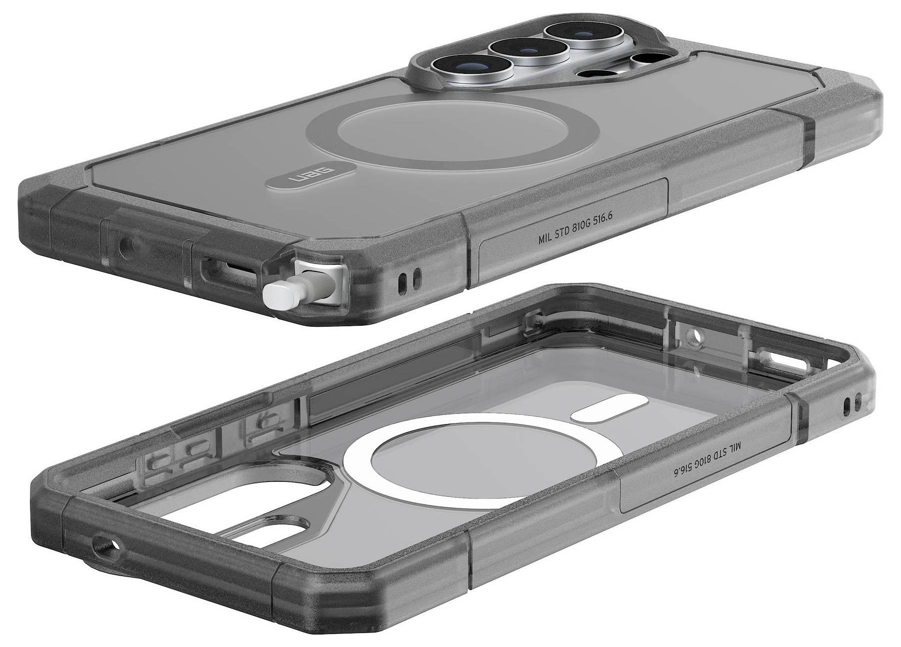 Ein robustes Handyhülle-Design mit Vorder- und Rückansicht, mit verstärkten Ecken, durchsichtiger Rückseite, schützendem Kameraausschnitt und MagSafe-Kompatibilität.