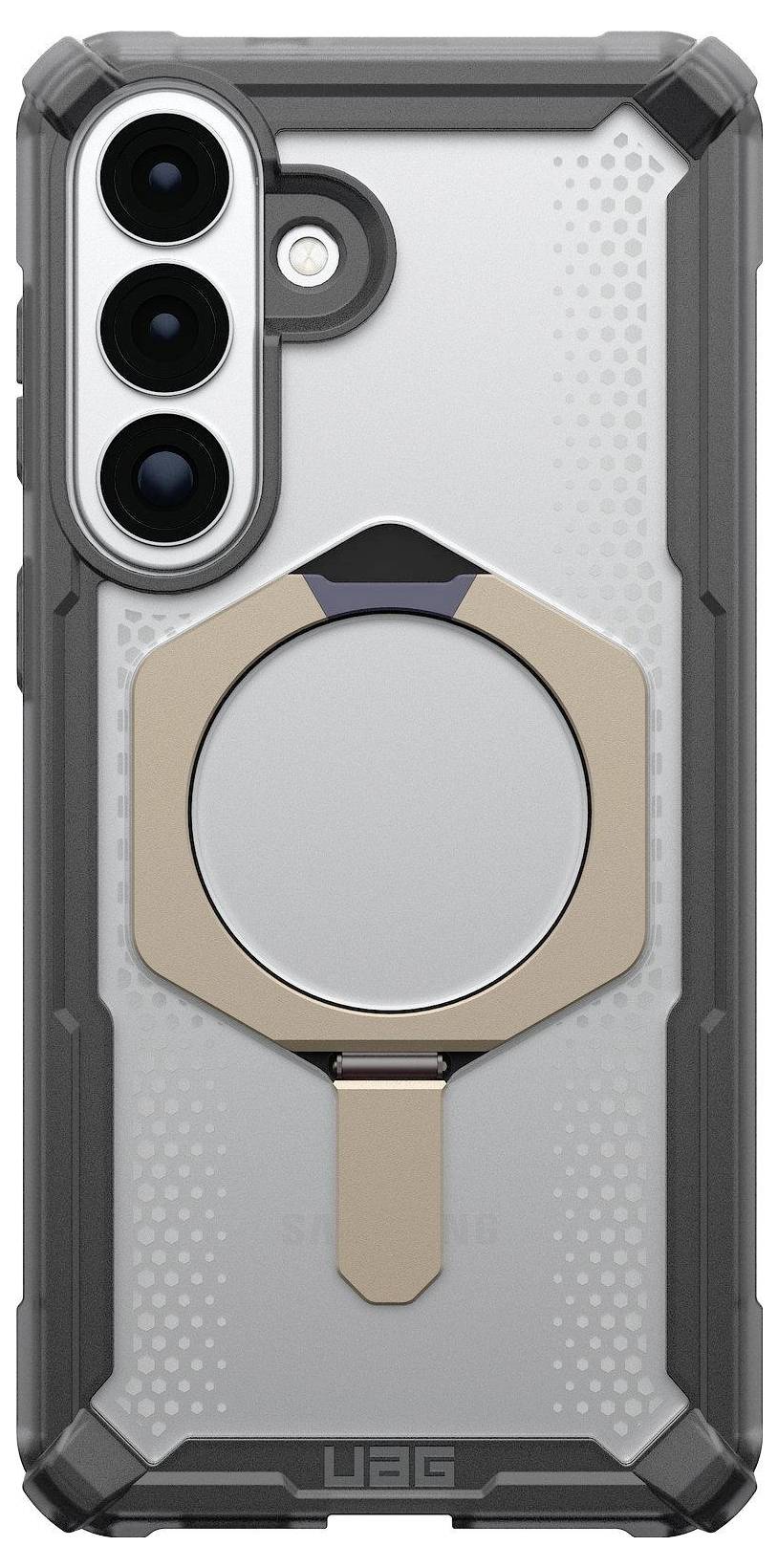 Ein transparantes Smartphone-Hülle mit Aussparungen für Tasten und Anschlüsse wird von oben dargestellt und zeigt ihr schlankes Design und ihre perfekte Passform.