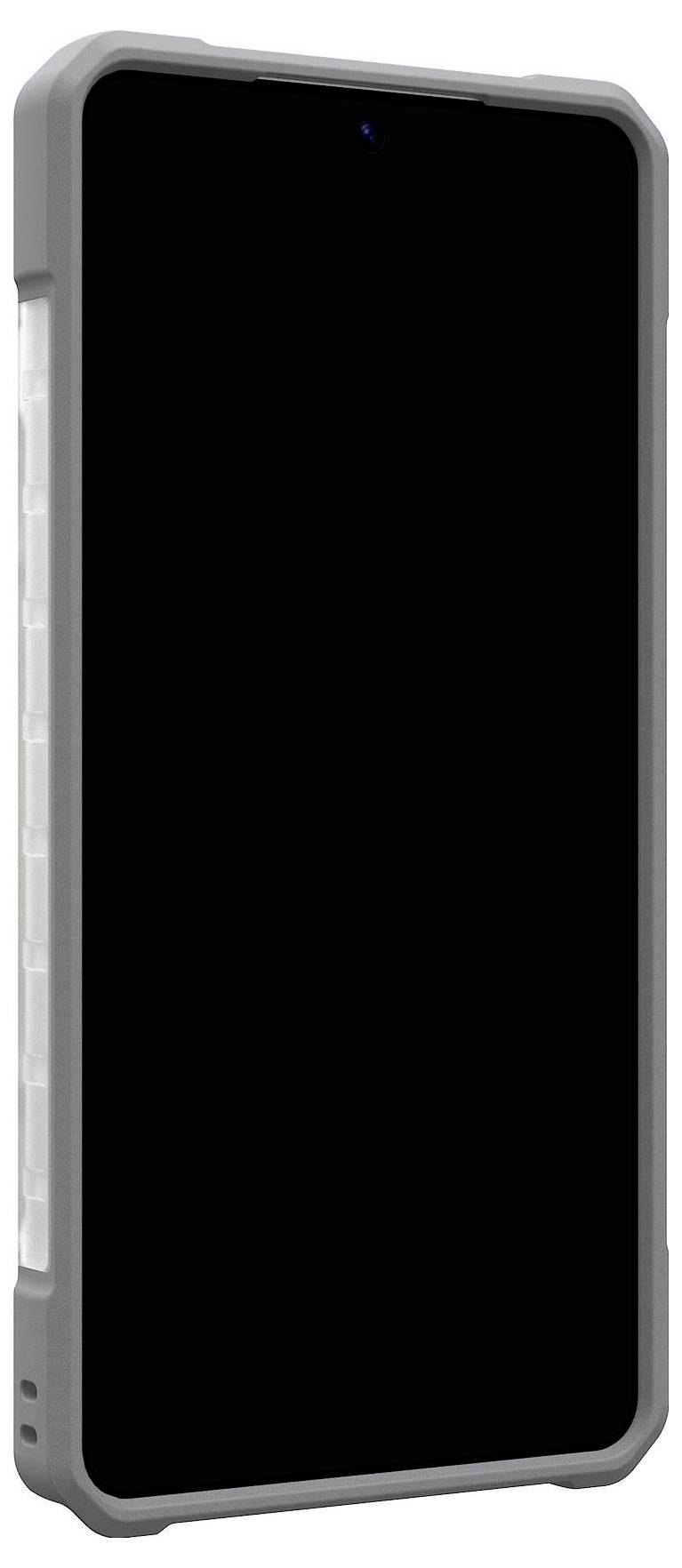 Ein schwarzes Smartphone mit einer robusten Schutzhülle mit drei Kameraobjektiven und minimalistische Design für erhöhten Schutz.