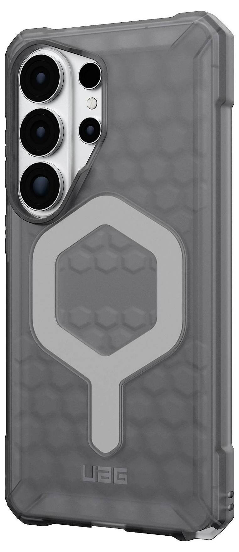 Ein robustes Smartphone-Gehäuse mit strukturiertem Design, das große Aussparungen für Kameraobjektive und ein Emblem auf der Rückseite aufweist.