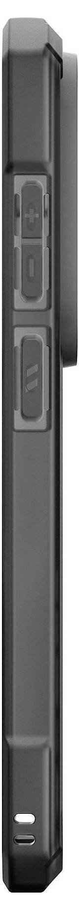 Seitenansicht eines schwarzen Smartphones mit sichtbaren Lautstärke- und Einschalttasten und einer Kamerawölbung im oberen Bereich.