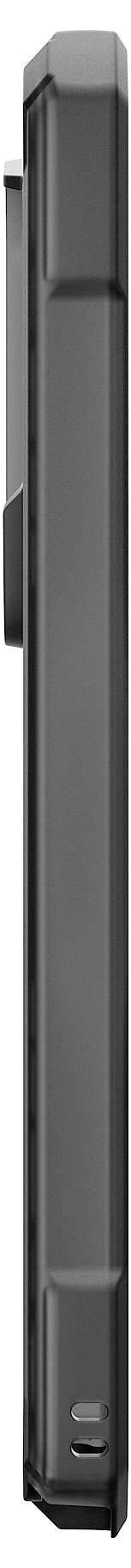 Ein schlankes, schwarzes, vertikal ausgerichtetes elektronisches Gerät, das von seiner Seitenansicht betrachtet wird, möglicherweise ein Telefon oder eine Fernbedienung.