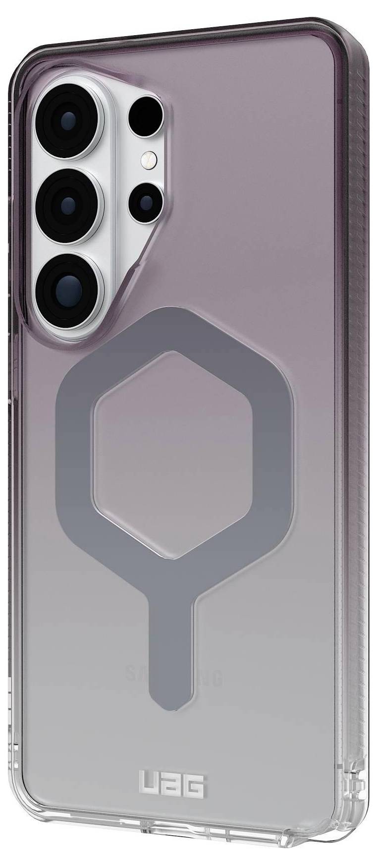 Eine durchscheinende Handyhülle mit drei Kameraausschnitten und einem großen grauen geometrischen Logo auf der Rückseite, entwickelt für ein Smartphone.
