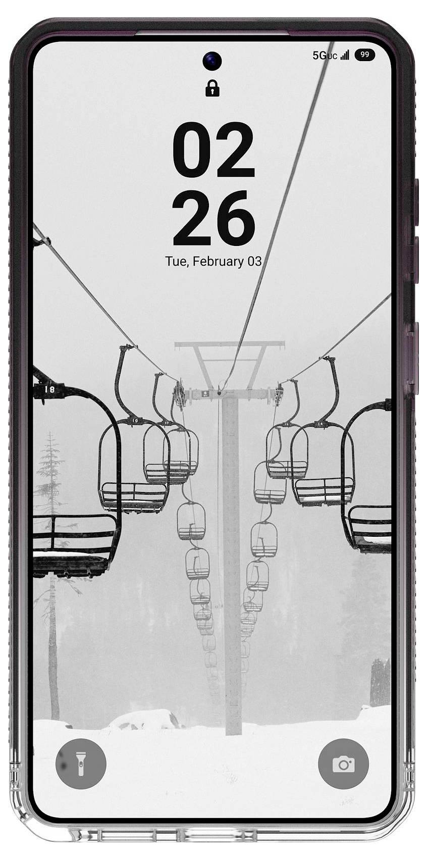 Ein Smartphone zeigt einen Sperrbildschirm mit der Uhrzeit „02:26" und dem Datum „Dienstag, 3. Februar" an. Das Hintergrundbild zeigt leere Skilift-Stühle.
